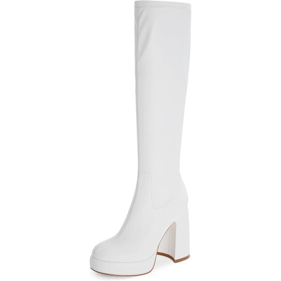 Shoes - Women's White Platform Knee High Boots Chunky Heel Rounded Toe Zipper
